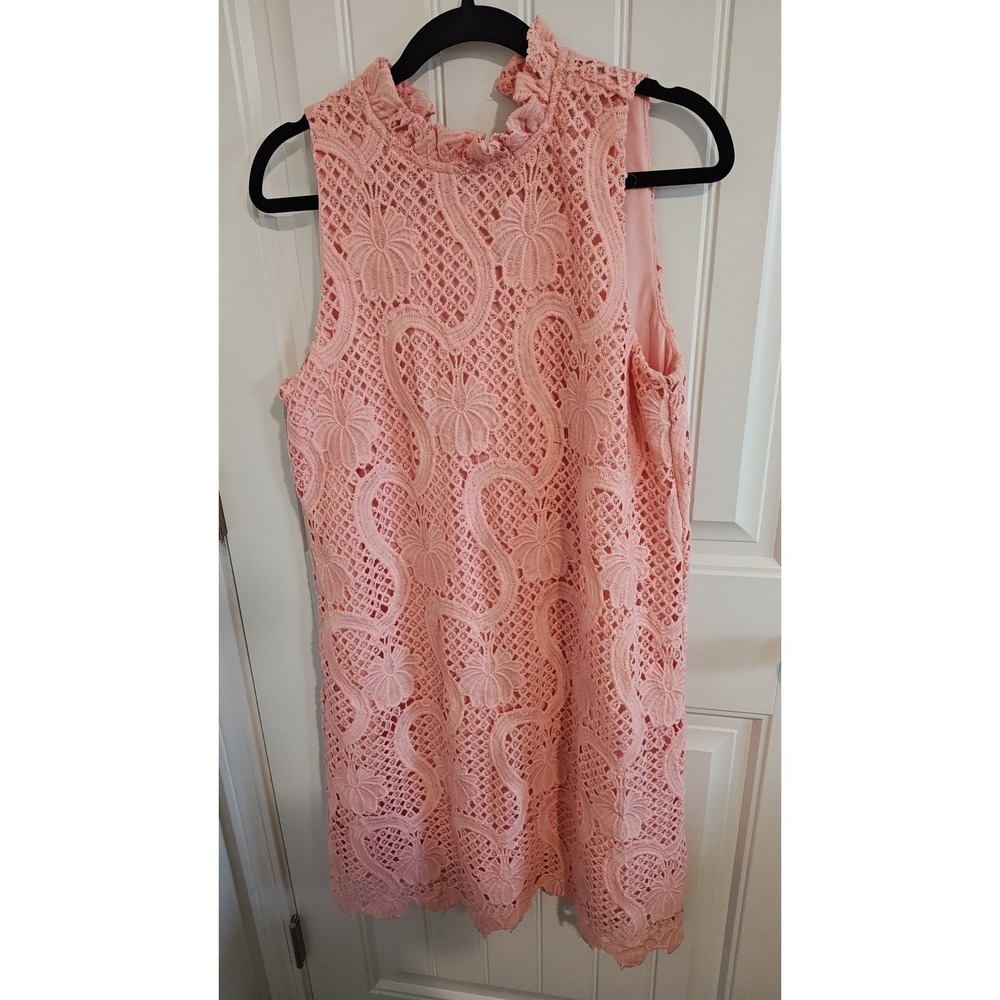 Women Pink Lace Dress High Neck Bow Back Scalloped Hem Eyelet Size 10